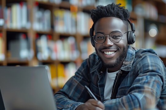 Multitasking African American man attending webinar and taking notes on laptop in headset