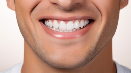 Fototapeta premium Close-up of a smiling mouth with white teeth, showing part of the lower face of a person with light skin and a bit of facial hair