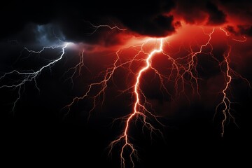 Dramatic lightning storm with vibrant red and white bolts illuminating dark, ominous clouds in the night sky