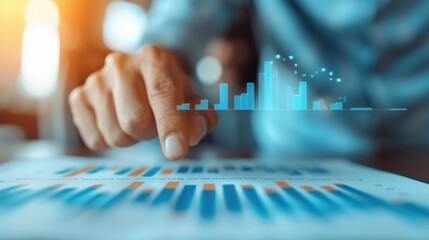Close-up of hand analyzing financial data on a paper chart with a holographic business graph overlay, representing data analytics and business growth.