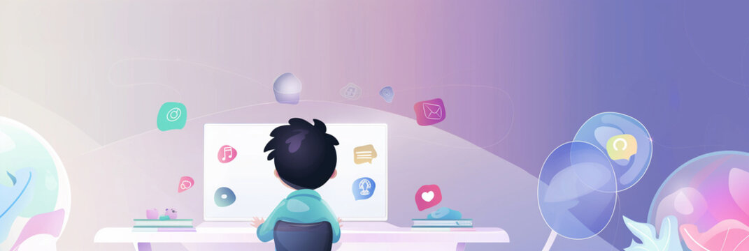 child using artificial intelligence on virtual screen with a simple minimalist colourful UI for communicating with friends online - future social media concept
