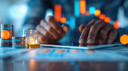 Fototapeta premium Hands using a tablet with glowing graphs and charts, representing data analysis and stock market trends in a modern office setting.