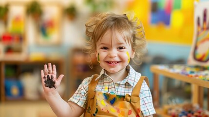 A happy toddler with a paint-smeared apron, smiling while showing a painted handprint in an art class.