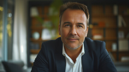 Fototapeta premium Businessman in a video conference call with global partners, highly professional photo picture with clear focus and sharp details, businessman, with copy space