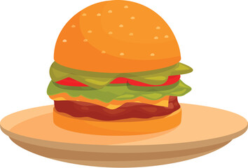 Appetizing burger with lettuce, tomato and cheese lying on wooden plate