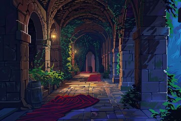 Mysterious castle corridor with overgrown plants and red carpet
