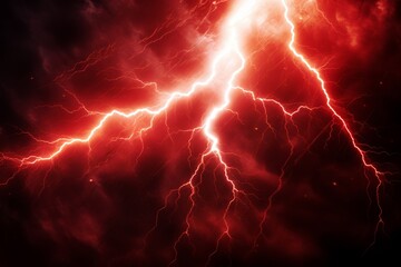 Intense red lightning illuminates a dark sky with chaotic energy, creating a dramatic and powerful scene