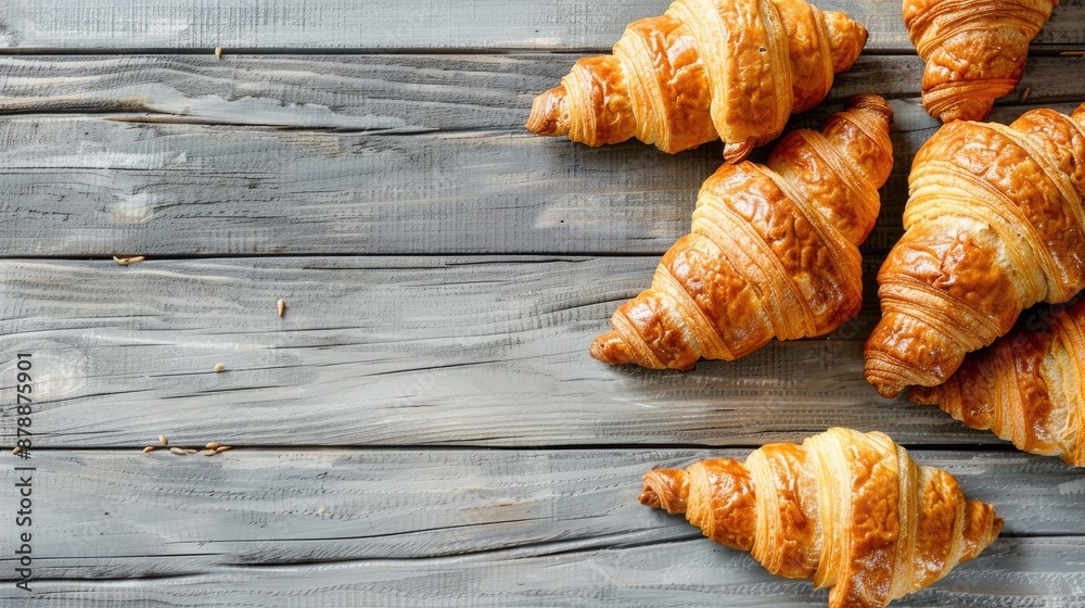 Poster morning concept with fresh croissants on gray wooden surface