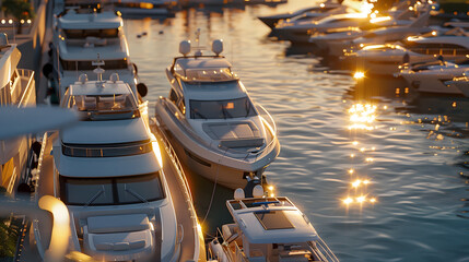 A luxurious sports yacht docked in a marina with scenic mountainous backdrop.