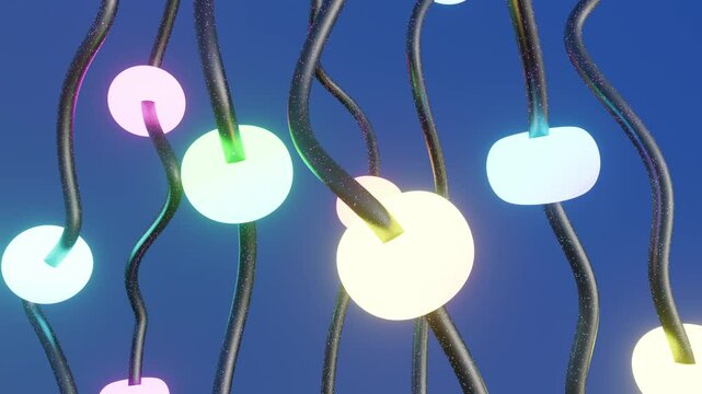 Animated 3D neon rings rise up along metallic curved paths. Multicolored fluorescence geometric shapes. Slow moving objects. Colorful neon lights. Horizontal 3d animation. Creative Stock Video