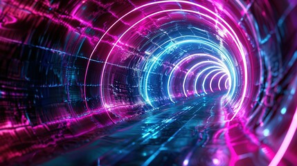 Fototapeta premium Pink and Blue Neon Arches and Waves: Black Background Graphic
