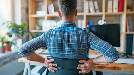 Fototapeta premium Man sitting in an office chair with his hands on his back.