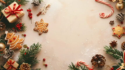 A festive Christmas-themed arrangement set against a light background with decorations and gingerbread cookies
