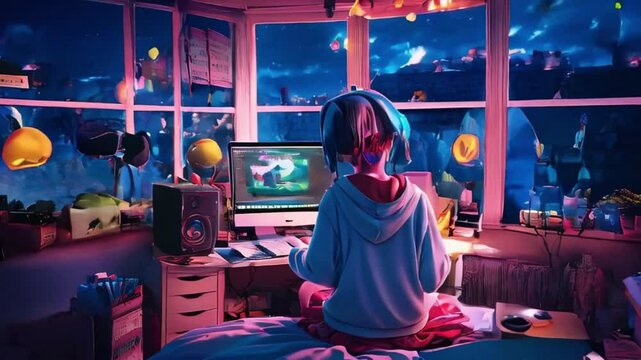 An anime girl sitting in a cozy bedroom in front of a computer