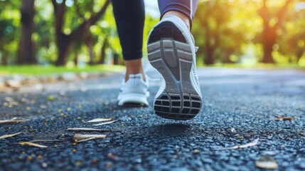 Closeup of a runner's shoe hitting the pavement.