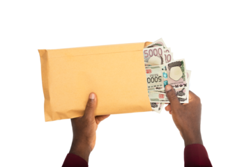 black male hands holding opened brown envelope containing Japanese yen notes on transparent background
