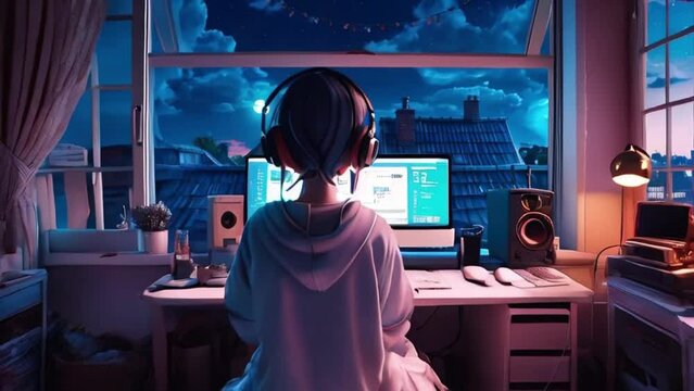An anime girl sitting in a cozy bedroom in front of a computer