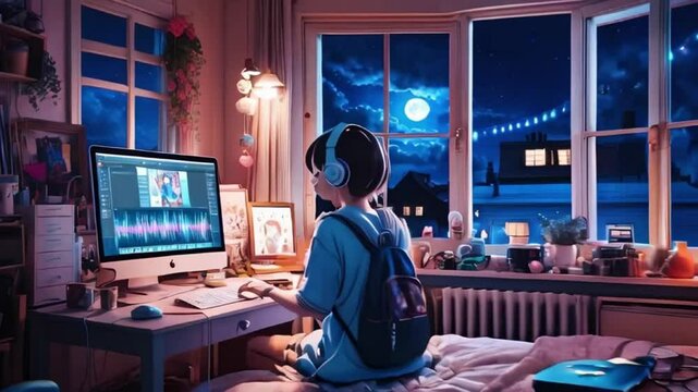 An anime girl sitting in a cozy bedroom in front of a computer