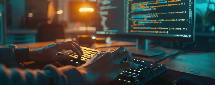 Closeup of hands typing code on a keyboard in front of a computer monitor.