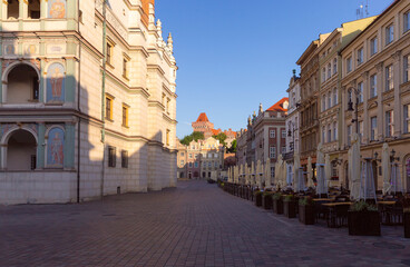 Facades of old colorful houses on the Town Hall Square in Poznan