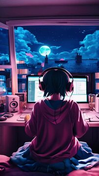 An anime girl sitting in a cozy bedroom in front of a computer