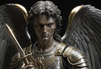 Statue of Archangel Michael with a sword and black background