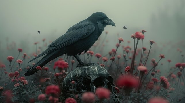 Black crow perched on a skull amidst red flowers in a misty, haunting landscape, evoking a sense of mystery and dark beauty.