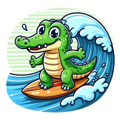 Naklejka premium Cute crocodile Surfing On Wave Cartoon Vector Icon Illustration