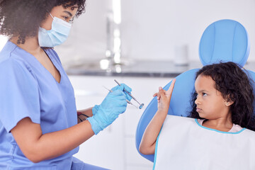 Stop, angry and dentist with child patient for tooth extraction in clinic with consultation. Fear,...