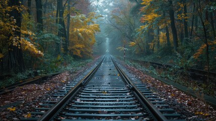 Mystical forest railway track with autumn foliage and fog, creating a serene and enchanting atmosphere through a colorful natural landscape.