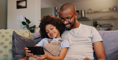 Mobile, dad or kid in home for games, bonding or streaming online for movie, website or technology. Happy family, download or single parent father with boy, child or phone for learning development