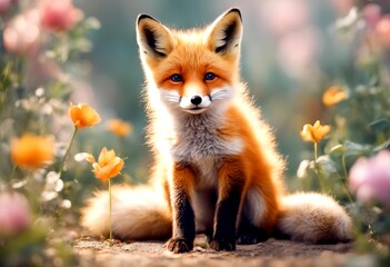 Obraz premium watercolor illustration cute fox ai nature generated baby ai fox cute generated baby floral watercolor floral