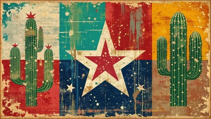 Obraz premium Vibrant abstract vector illustration featuring a distressed grunge design with Texas-inspired motifs, including stars, cacti, and a bold, rugged typography.