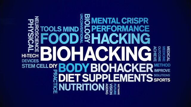 Biohacking animated word cloud;text design animation tag kinetic typography seamless loop.