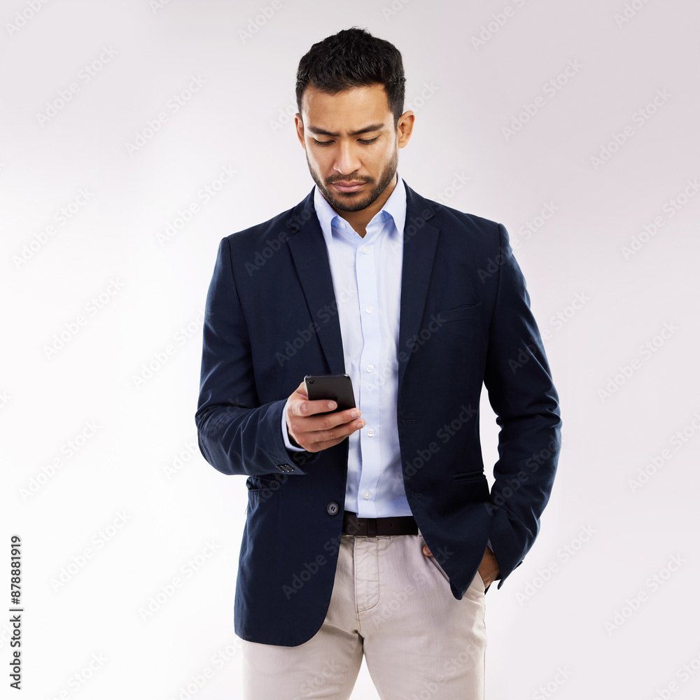 Poster businessman, phone and online in studio, networking and browse on app or white background for work. 