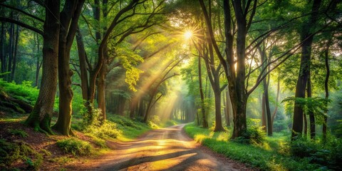 Obraz premium Serene winding dirt path surrounded by lush greenery and towering trees, dappled with warm sunlight filtering through the forest canopy, evoking a sense of tranquility.