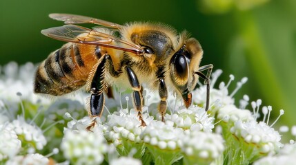 Close-up of Honeybee Collecting Pollen from White Flower.