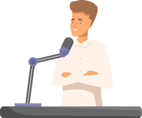 Confident radio host is speaking into a microphone