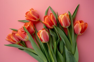Fototapeta premium Harmonious Floral Visual: Delightful Tulip Bunch on Pink Background