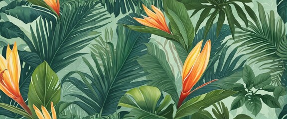 Watercolor pattern wallpaper with orange flowers and tropical leaves