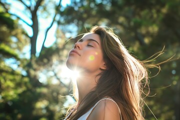 Naklejka premium Young woman enjoying sunlight with closed eyes relaxing outdoors beauty concept