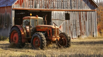 Vintage tractor parked in front of old barn.