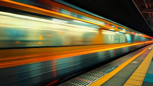 Blurred motion of a speeding train passing through a brightly lit station at night, capturing the energy and dynamism of urban transportation