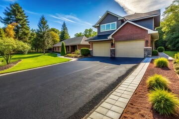A newly constructed driveway with fresh asphalt and neat edges, transforming a outdoor space, flat design side view with vivid color animation.