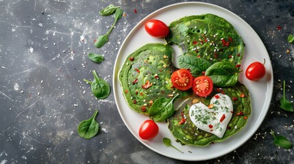Heart shaped spinach avocado pancakes with Greek yogurt sauce and cherry tomatoes Breakfast on white plate top view