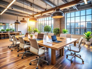 Fototapeta premium Brightly lit modern office space with empty chairs and laptops around a large wooden table, conveying a sense of collaboration and successful teamwork atmosphere.