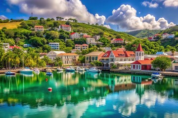 Obraz premium Vibrant turquoise waters reflect the historic colonial architecture of Saint George's inner harbor, surrounded by lush green hills, with Devils Bay visible in the distance.