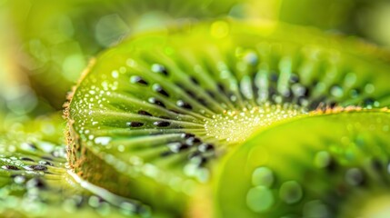 Close up macro shot of a kiwi fruit with bokeh background.