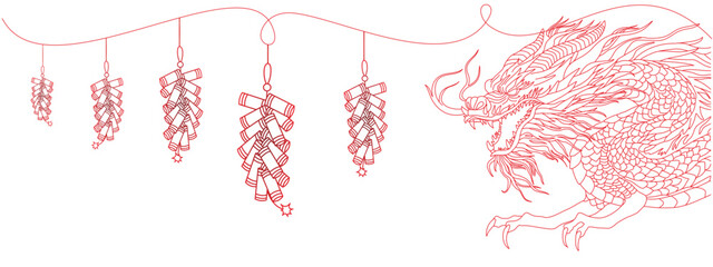 vector design of line illustration of Chinese New Year dragons and firecrackers for Chinese New Year