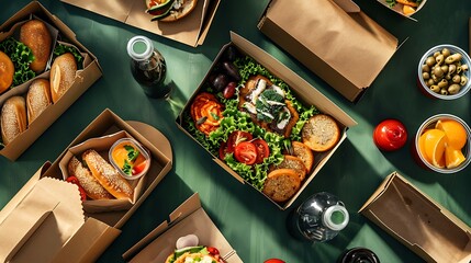 Assortment of Lunchbox Meals on Green Background